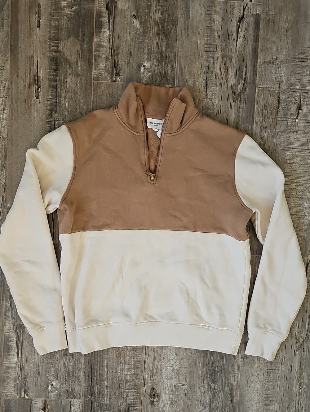 Octobre Editions Women's Two-Tone Half-zip 100% Organic Cotton Tan Cream Vintage